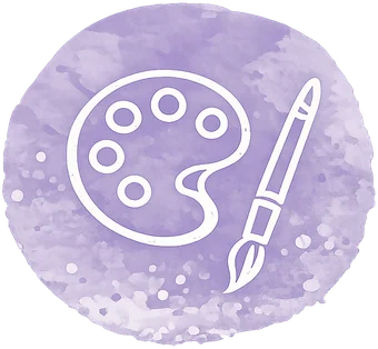 Watercolour patch with a line drawing of a paint palette and brush