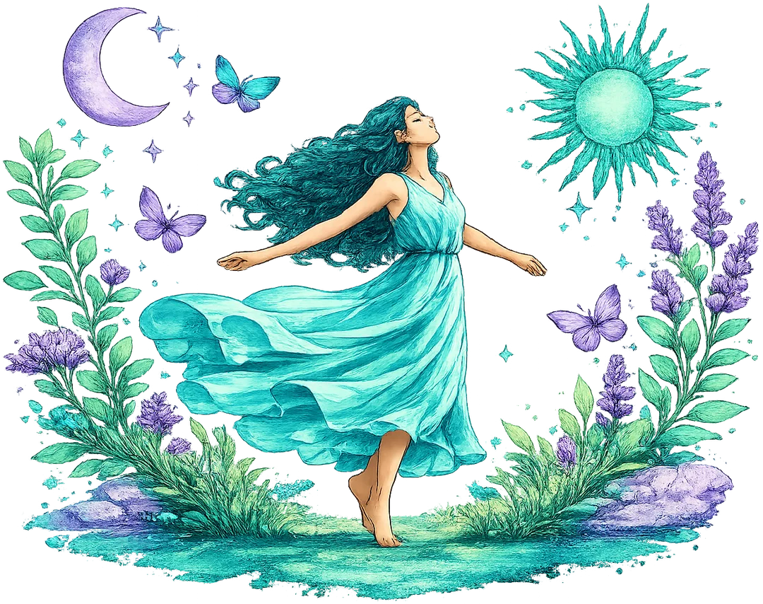 Illustration of a woman in a flowing teal dress dancing barefoot among lavender, butterflies, a crescent moon and a radiant sun
