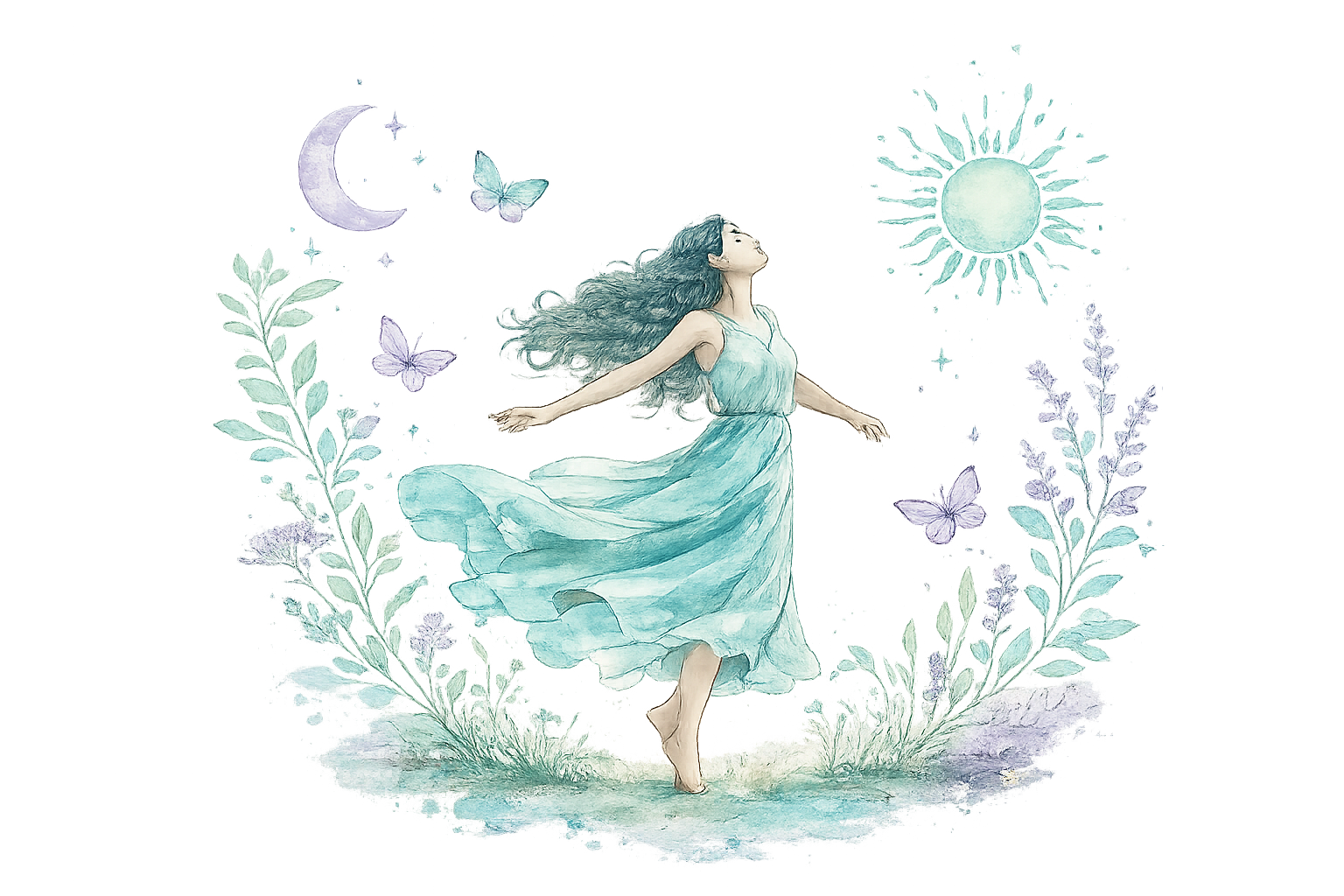Watercolor illustration of a woman dancing in nature among a moon, sun, butterflies, and flowers
